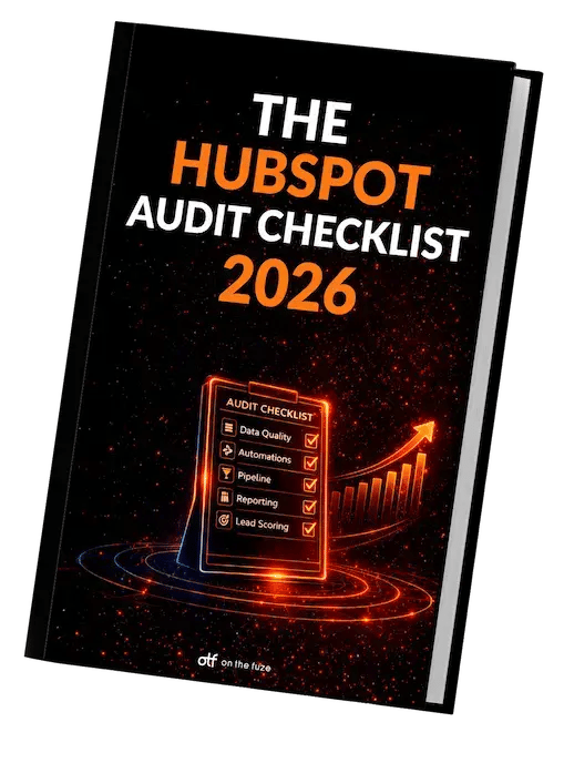 Cover of The HubSpot Audit Checklist 2026 featuring a glowing digital checklist, growth chart, and CRM audit categories on a black and orange background.