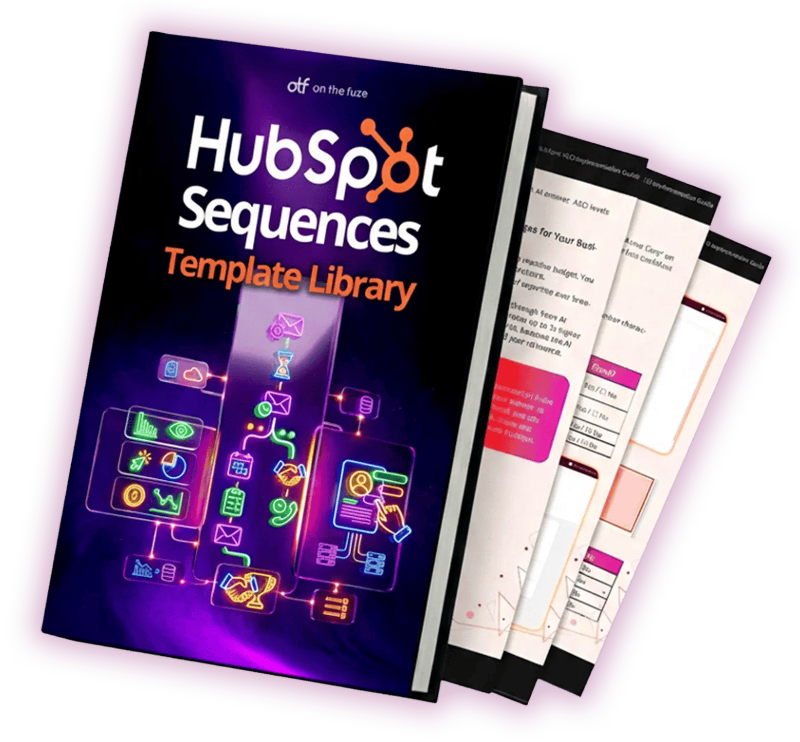 Cover of the HubSpot Sequences Template Library by On The Fuze, showing a glowing neon workflow diagram on a dark purple background.